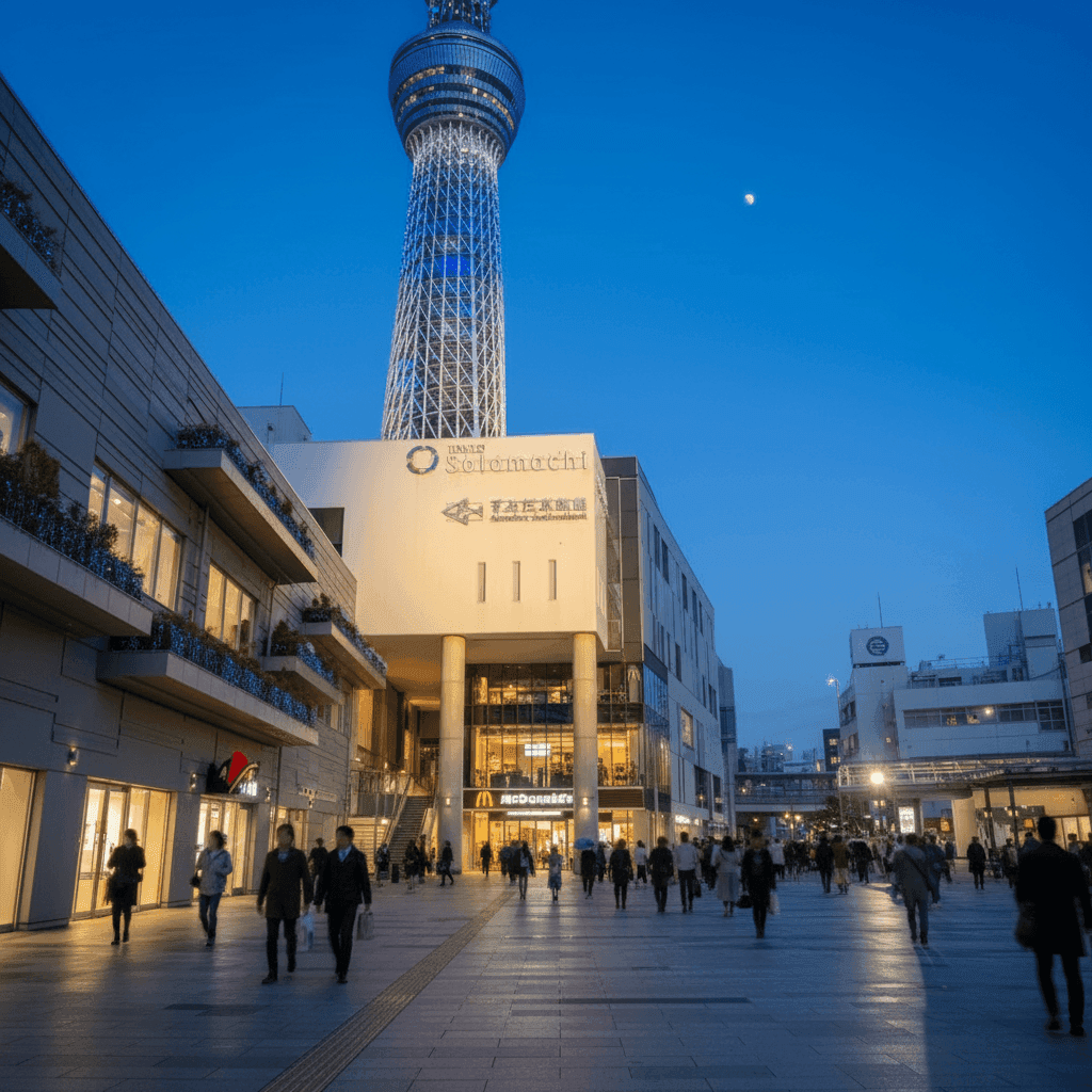Tokyo Skytree rising above the evening plaza with visitors below